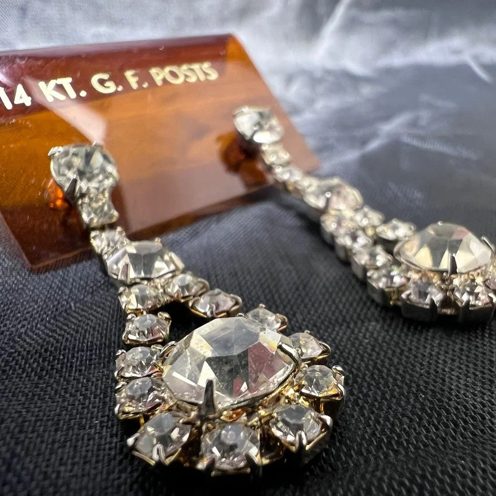 Vtg Rhinestone Dangle Earrings 14KT GF Posts 1.75